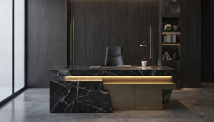 Luxurious black marble executive desk with curved top, two drawers. Sturdy legs, lamps, black leather chair with white cushion. Minimalist office design with gray walls, wooden floor, bookshelf