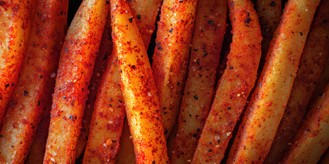 Close-up of spicy seasoned French fries with crispy texture and golden brown color