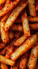 Close-up of spicy seasoned French fries with crispy texture and golden brown color