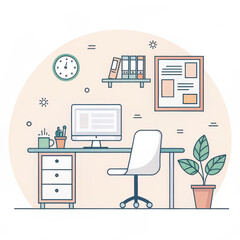 Fototapeta premium Office Illustration Flat Vector Workspace Scene with Computer and Plant