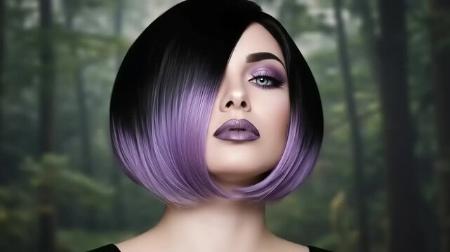 Purple bob haircut with forest backdrop.