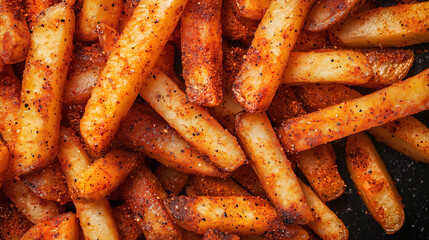 Close-up of spicy seasoned French fries with crispy texture and golden brown color