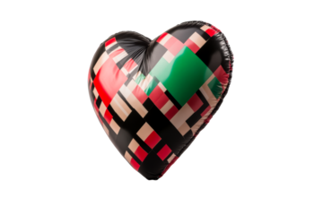 Black shiny heart with red green beige geometric pattern, cut out transparent