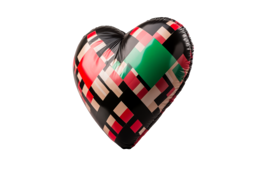 Black shiny heart with red green beige geometric pattern, cut out transparent - Powered by Adobe