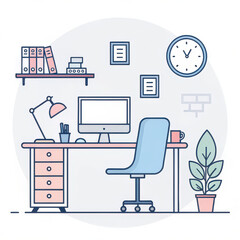 Modern Office Workspace with Computer and Desk A Flat Vector Illustration