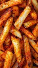 Close-up of spicy seasoned French fries with crispy texture and golden brown color