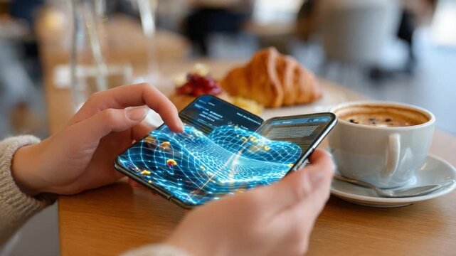 Modern Hands and Advanced Tech: A person’s hands tenderly interact with a futuristic, high-tech device, displayed with delicious morning breakfast.