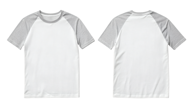 Plain Light Gray Sleeve and White Body Raglan T-Shirt Mockup, Front and Back View, High-Quality Digital Rendering for Apparel Design Presentation on Transparent Background