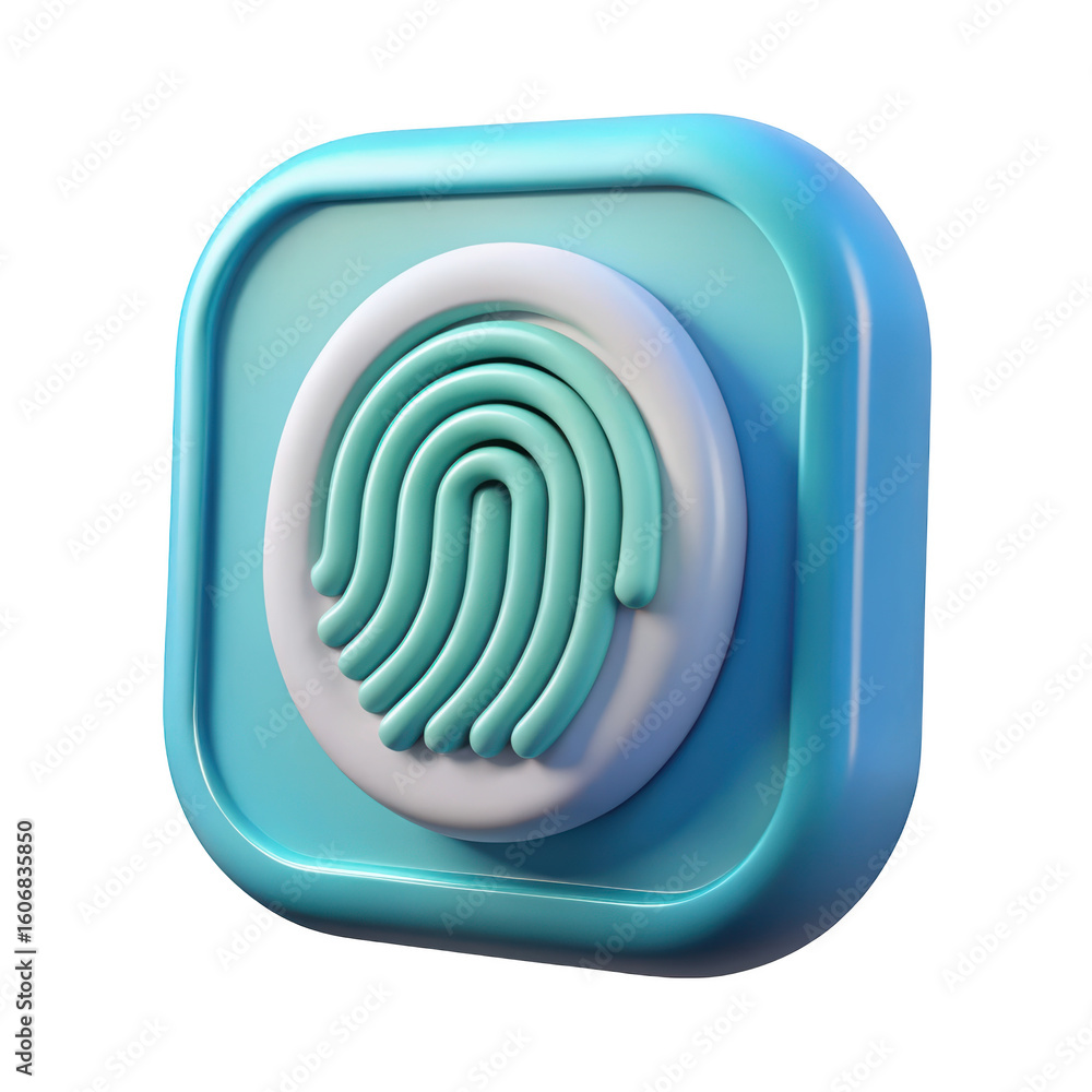 Poster biometric security authentication 3d rendered icon in light blue square isolated on background showi