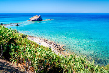View of the turquoise Mediterranean Sea, Cyprus. The Akamas Peninsula, a popular vacation...