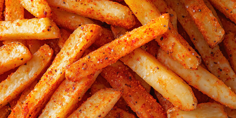 Close-up of spicy seasoned French fries with crispy texture and golden brown color