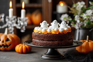 A twolayer cake with orange frosting and ghost toppers sits on a black stand surrounded by Halloween decorations