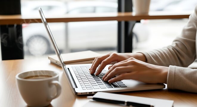 Woman Working on Laptop at Coffee Shop, Typing and Drinking Coffee