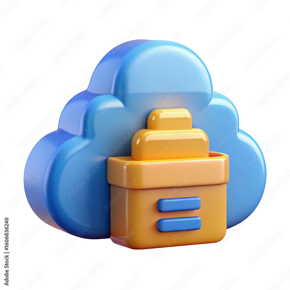 Poster cloud computing server concept with digital storage and online data backup,blue and orange 3d render
