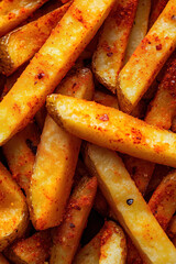 Close-up of spicy seasoned French fries with crispy texture and golden brown color