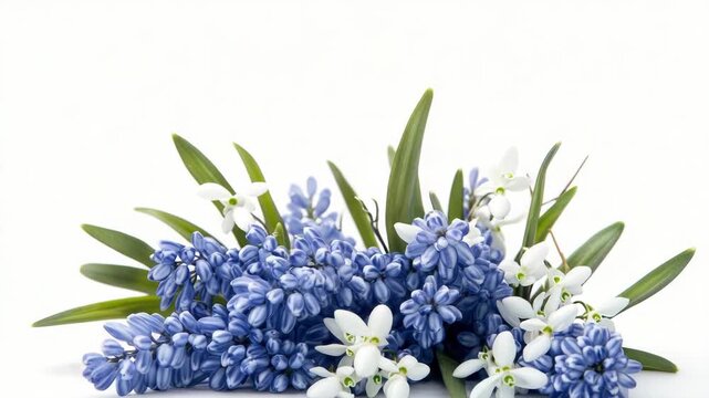 A bouquet of blue and white flowers arranged on a white surface, ideal for use as a still life or as a decorative element in an editorial layout