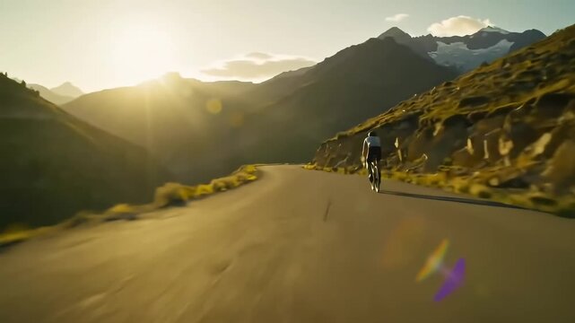 Cyclist Rides Mountain Road Sunset