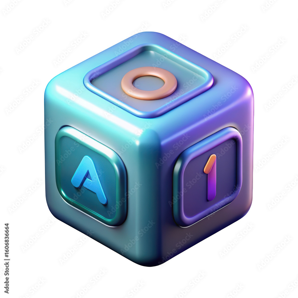 Poster glossy 3d rendered cube with letter a number one and zero on background for education and design pro