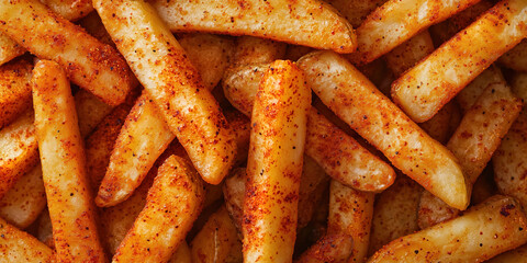 Close-up of spicy seasoned French fries with crispy texture and golden brown color