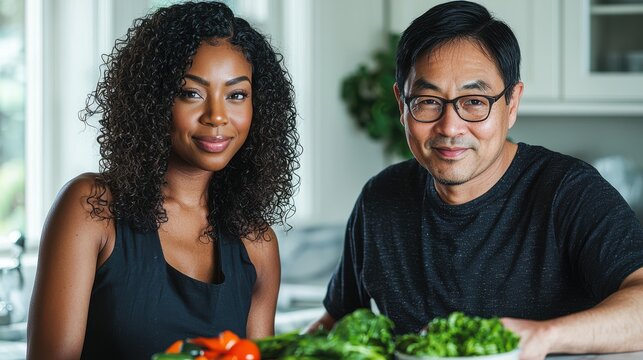 Interracial couple Black woman curly hair Asian man glasses cooking together modern kitchen natural lighting fresh vegetables healthy lifestyle