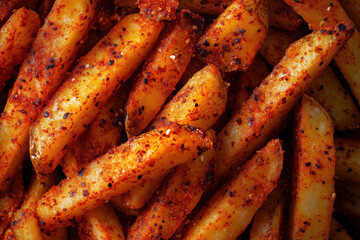 Close-up of spicy seasoned French fries with crispy texture and golden brown color
