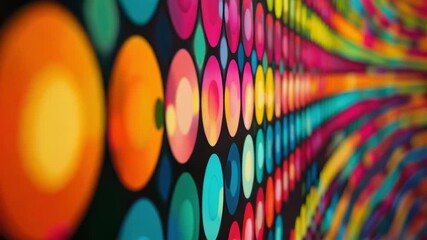 A colorful wall with various circular shapes and patterns, ideal for use in interior design or educational settings