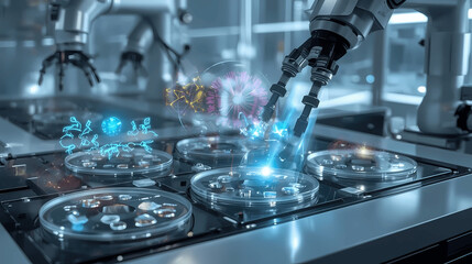 Advanced robotic arm conducting scientific research in a cutting-edge laboratory setting.