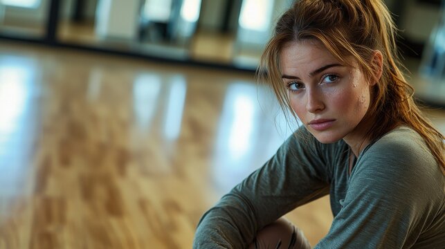 Young woman taking break during dance rehearsal sitting cross-legged on studio floor with water bottle - Powered by Adobe