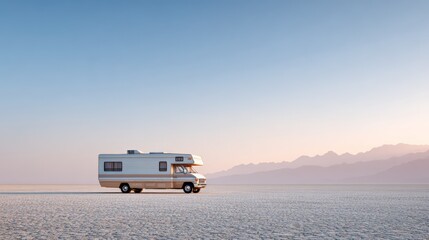 Vintage camper navigating white salt flats during golden sunset, rocky mountain silhouettes framing expansive desert landscape with nostalgic road trip atmosphere
