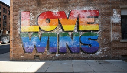 Vibrant city scene with large red mural on brick building, street art, graffiti. Text LOVE Wins in bold letters, flat roof, urban landscape. Sidewalk in foreground, contrasting with urban elements.