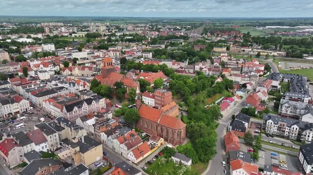 Aerial view of old town with gothic churches in Tczew, Poland