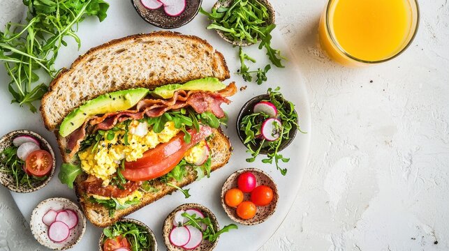 Healthy breakfast sandwich featuring layered avocado, crispy bacon and fluffy eggs on whole grain bread with colorful garnish bowls