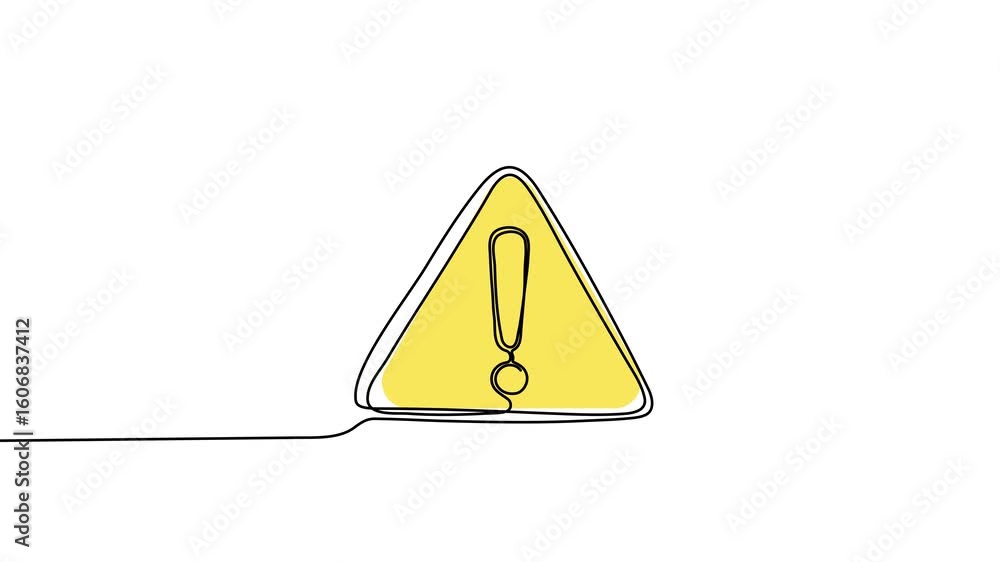 Poster animation of a single line drawing of a warning sign. continuous contour movement of a warning sign.