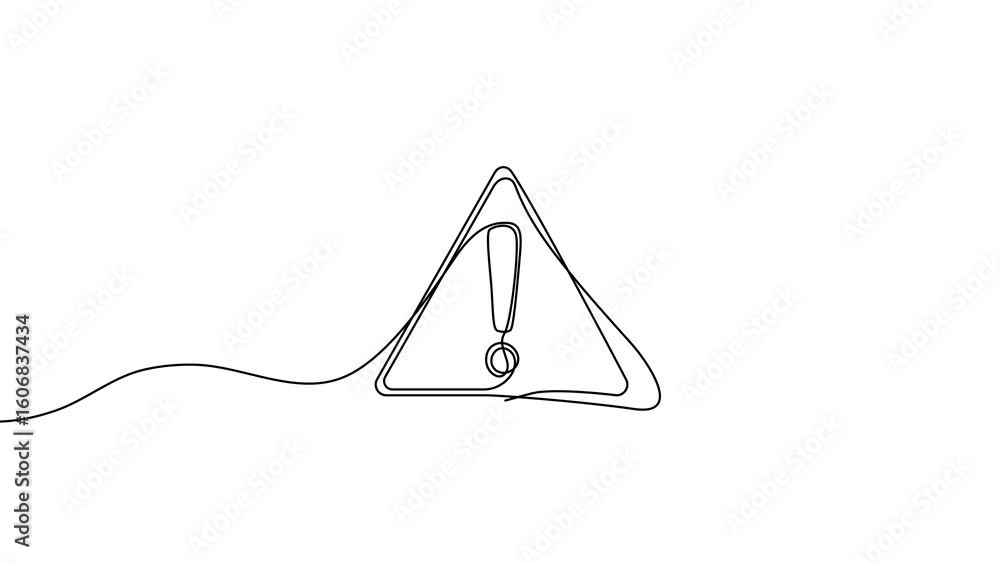 Poster animation of a single line drawing of a warning sign. continuous contour movement of a warning sign.