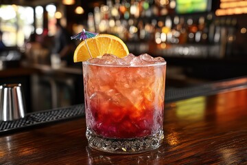 Chilled vibrant cocktail with citrus and umbrella on bar counter, lively bar scene in background.