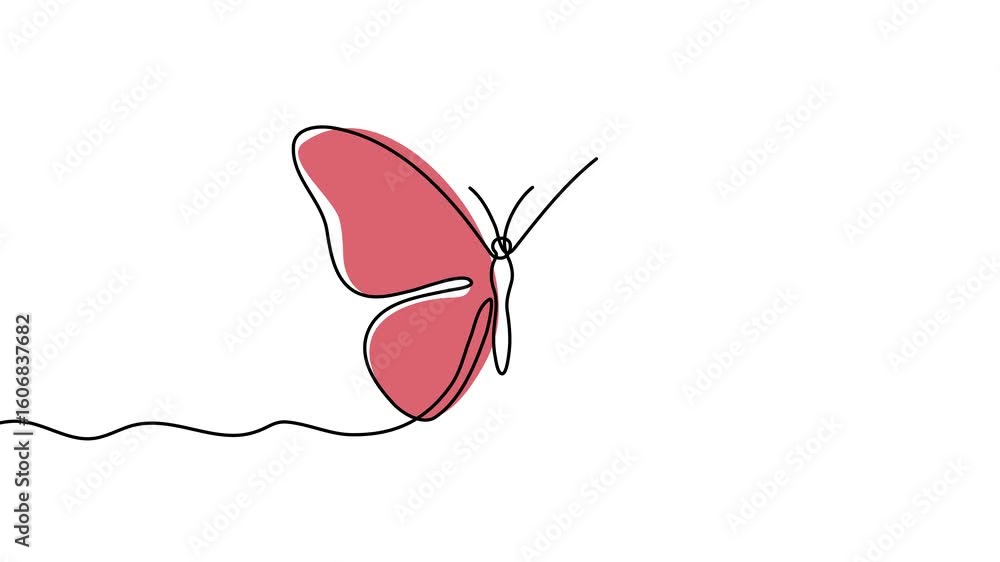 Poster animation of a single line drawing of a butterfly. continuous contour movement of a butterfly. conti