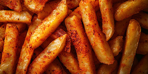 Close-up of spicy seasoned French fries with crispy texture and golden brown color