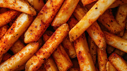 Close-up of spicy seasoned French fries with crispy texture and golden brown color