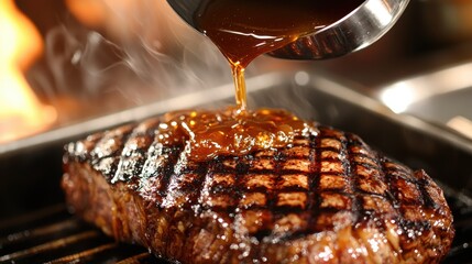 Bourbon glaze cascading from cookware onto perfectly cooked steak, viscous amber liquid coating premium grilled meat in upscale dining establishment