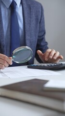 Professional businesswoman carefully reviewing financial reports using magnifying glass and...