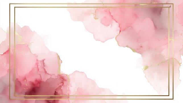 Elegant pink and gold watercolor abstract background with golden frame for invitations and branding