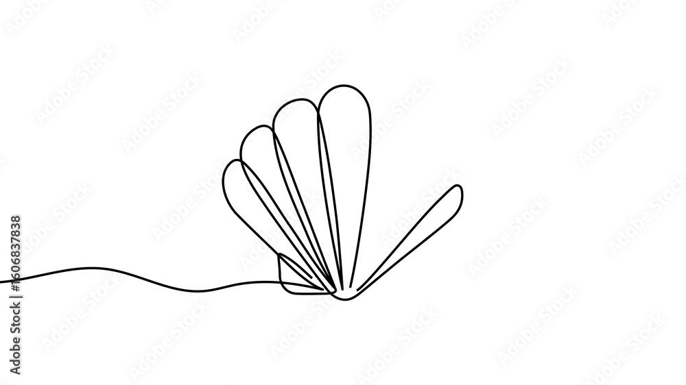 Poster animation of a single line drawing of a seashell. continuous contour movement of a seashell. continu
