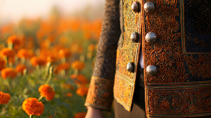 An embroidered charro jacket with silver buttons, bathed in golden sunset light, with marigold flowers softly blurred in the background.