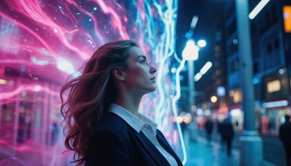 Businesswoman in white blouse stands on city sidewalk at night. Low-angle shot creates dynamic atmosphere. City lights, street signs add depth, blue, white, black colors. Dramatic, immersive,