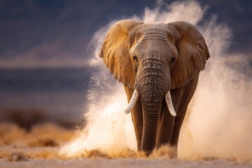 An elephant strides through dusty terrain its tusks prominent with a dark background and dust swirling