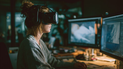 Woman Using VR Headset in Gaming Studio Setup with Monitors and Neon Lighting

