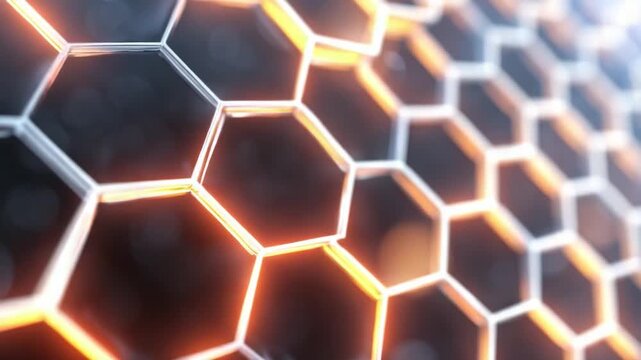 Honeycomb Structure: A close-up shot showcases a 3D honeycomb-like structure with glowing, neon-like outlines, suggesting innovation and futuristic technological concepts.