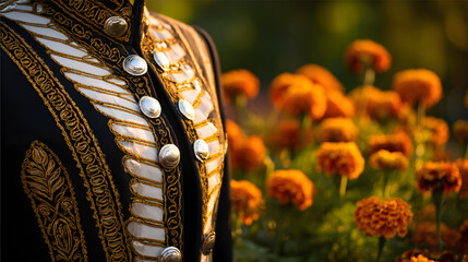 An embroidered charro jacket with silver buttons, bathed in golden sunset light, with marigold flowers softly blurred in the background.