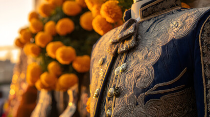 An embroidered charro jacket with silver buttons, bathed in golden sunset light, with marigold flowers softly blurred in the background.