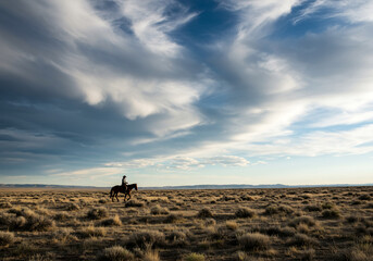 Fototapeta premium cowboy riding horse across vast desert landscape under dramatic sky